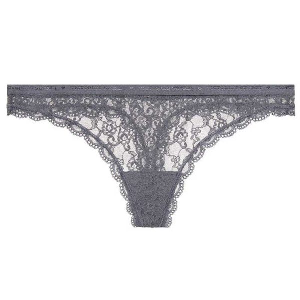 Chiloti dantela Victoria's Secret Lace Thong Panty black pearl